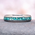 Crushed Aquamarine Wedding Band- 4MM Tungsten featuring a polished band with vibrant crushed aquamarine inlay by Aquamarise, perfect for distinctive March Birthstone and wedding jewelry.