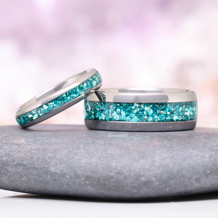 Crushed Aquamarine Wedding Band- 4MM Tungsten featuring vibrant crushed aquamarine inlay on polished tungsten bands by Aquamarise, perfect for men’s and women’s wedding and birthstone jewelry.
