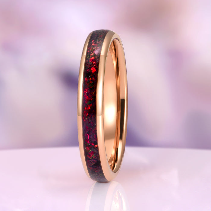 Black Fire Opal & Meteorite Couples Ring Set featuring a polished rose gold band inlaid with a vivid, fiery black fire opal and meteorite stone pattern, presented by Aquamarise from Matching Couples' Rings and October Birthstone collections.
