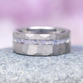 Crushed Moonstone Men's Wedding Band in Silver Tungsten Carbide (8mm), hammered matte band with a sparkling moonstone inlay by Aquamarise