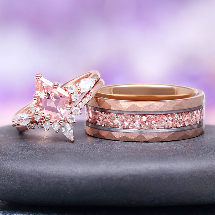 Skye Kite® Morganite Engagement Ring Set in 14K Solid Rose Gold featuring a kite-cut morganite with diamond and marquise accents paired with a textured rose gold band by Aquamarise Gold.