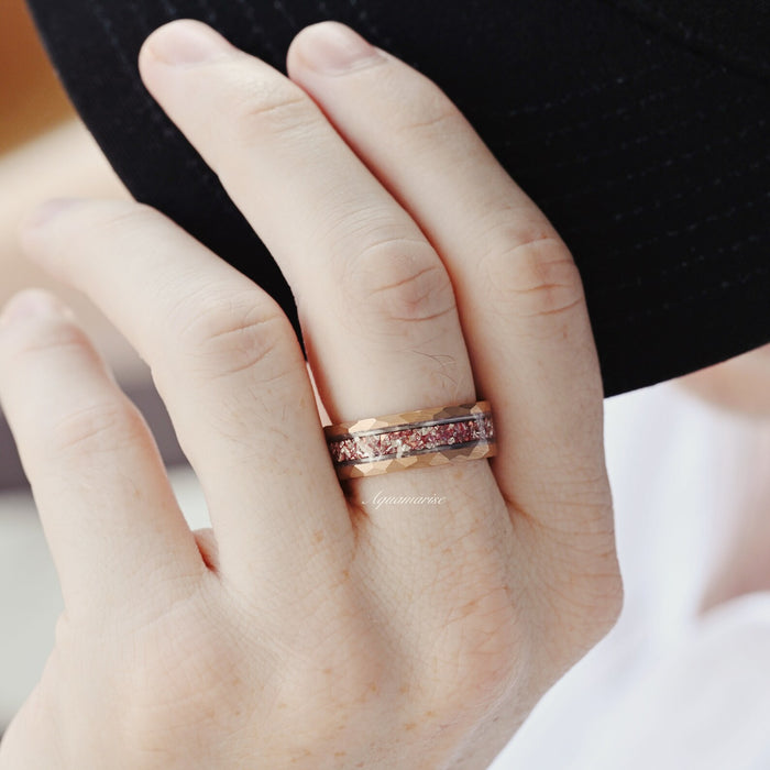 Crushed Morganite Wedding Band in Two-Tone Tungsten Carbide (8mm) worn on hand, featuring blush pink crushed morganite inlay by Aquamarise, perfect for men’s and women’s wedding bands.