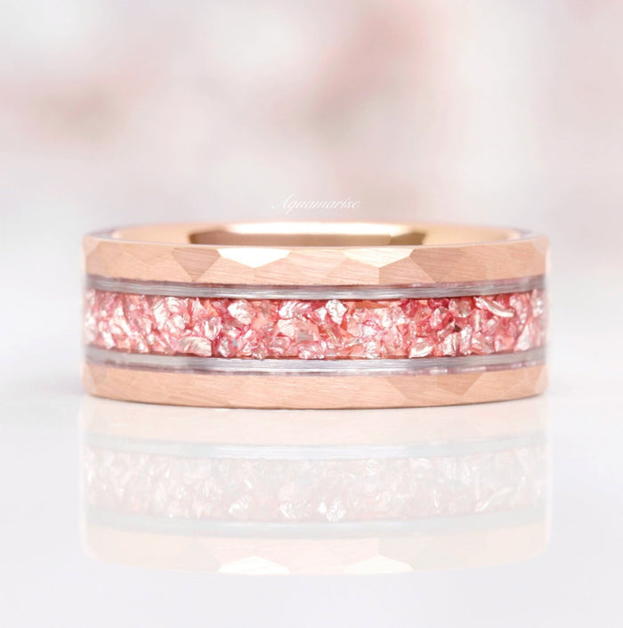 Crushed Morganite Wedding Band in Two-Tone Tungsten Carbide (8mm) by Aquamarise, featuring a blush pink crushed morganite inlay with a hammered two-tone tungsten carbide band.