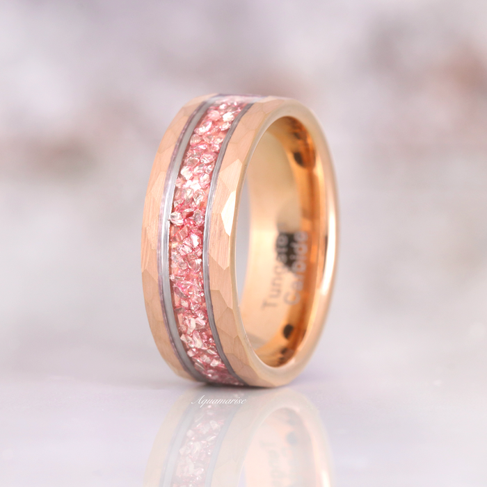 Crushed Morganite Wedding Band in Two-Tone Tungsten Carbide (8mm) showcasing blush pink morganite inlay with a hammered rose gold and silver-toned tungsten carbide finish by Aquamarise.