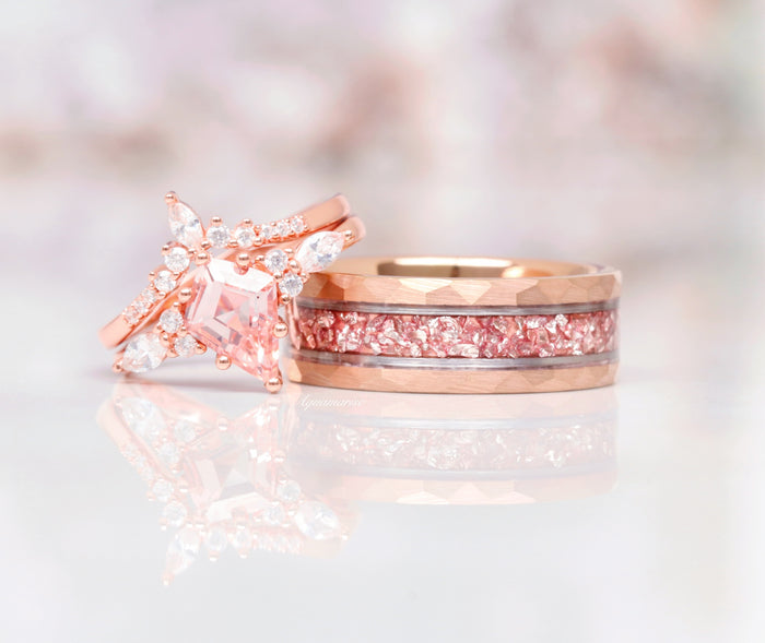 Crushed Morganite Wedding Band in Two-Tone Tungsten Carbide (8mm) paired with an elegant rose gold ring featuring a pink morganite center stone, by Aquamarise.