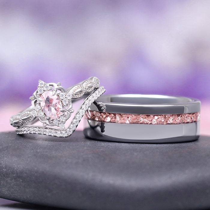 Vintage Morganite Couples Ring Set by Aquamarise featuring a pink morganite stone with intricate silver detailing and a polished band with pink crushed stone inlay, symbolizing love and commitment.