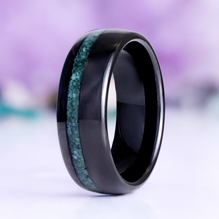 Elara Moss Agate Crescent Moon Couples Ring Set featuring black tungsten band with crushed moss agate inlay by Aquamarise, part of matching couples' rings and nature-inspired jewelry collections.