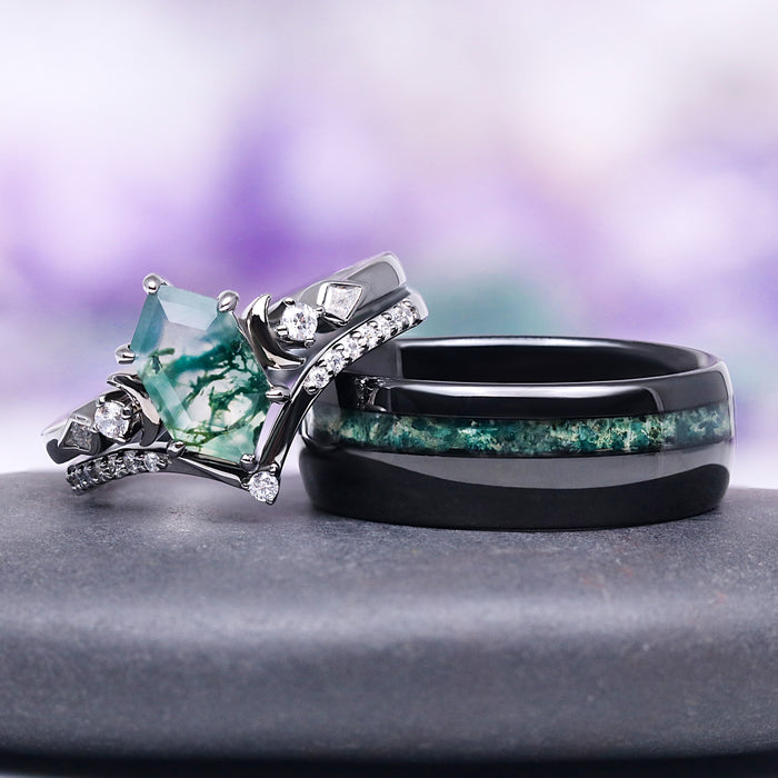 Elara Hexagon Green Moss Agate & Crescent Moon Ring Set in Black Ruthenium by Aquamarise, featuring geometric moss agate and black ruthenium bands with crescent moon accents.