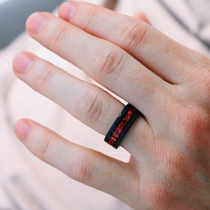 Crushed Red Garnet Couples Ring Set by Aquamarise featuring a black band with vibrant crushed red garnet inlay, styled on a hand, part of Matching Couples' Rings and Best Selling Jewelry collections.