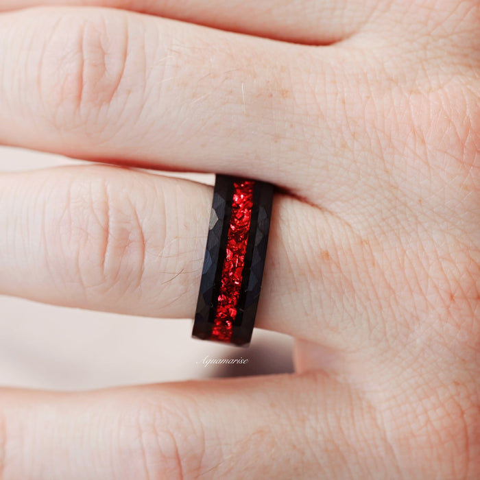 Crushed Red Garnet Couples Ring Set by Aquamarise featuring a faceted black band with a vivid crushed red garnet inlay, a bold symbol of love and unity for matching couples.