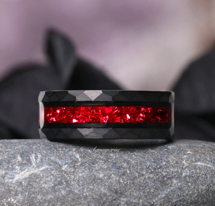 Crushed Red Garnet Couples Ring Set featuring a hammered black band with vibrant crushed red garnet inlay, showcasing Aquamarise’s elegant matching couples rings design.