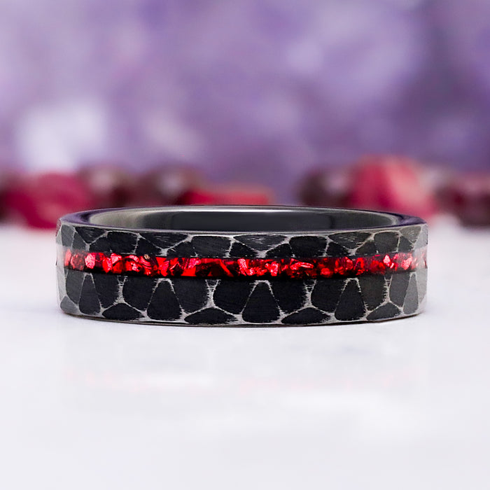 Crushed Red Garnet Dragon Men's Wedding Band in Black Tungsten (6mm) – side profile view