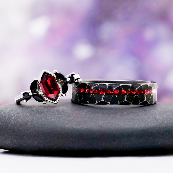 Crushed Red Garnet Dragon Men's Wedding Band in Black Tungsten (6mm) – shown on hand