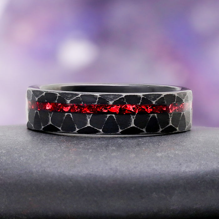 Crushed Red Garnet Dragon Men's Wedding Band in Black Tungsten (6mm) – in gift box