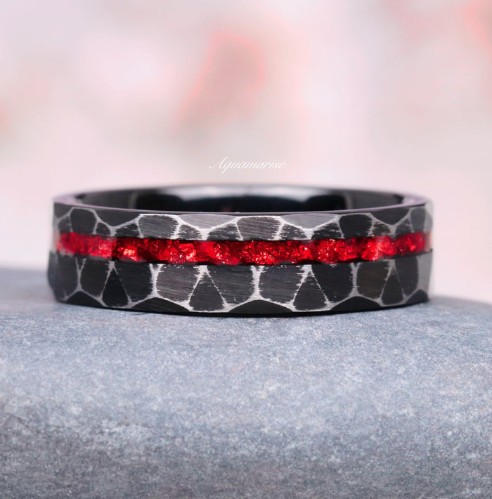 Crushed Red Garnet Dragon Wedding Band- 6mm Black Tungsten by Aquamarise featuring a hammered black tungsten carbide design with a striking crushed red garnet inlay for a bold men's ring.