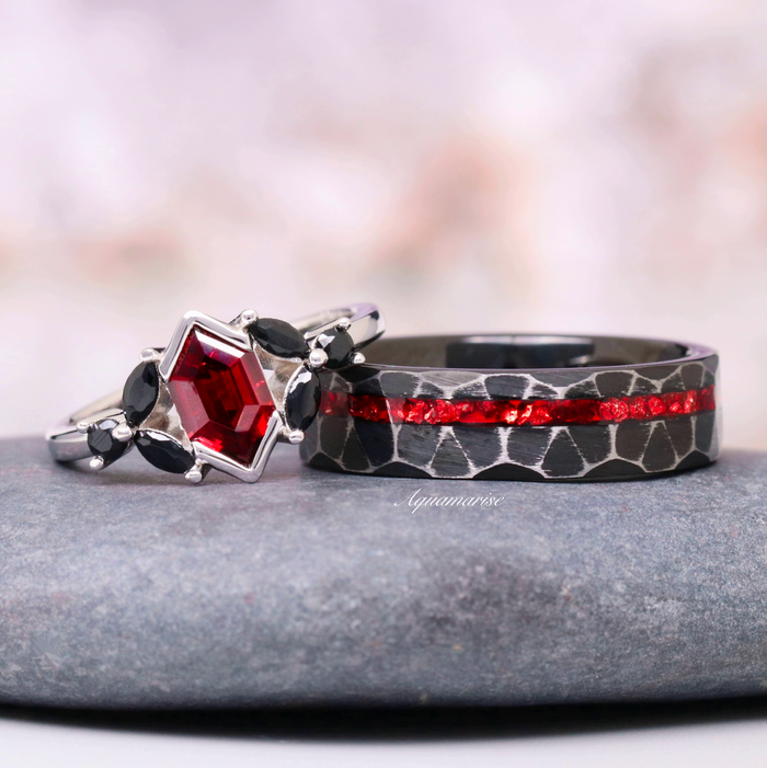 Crushed Red Garnet Dragon Wedding Band- 6mm Black Tungsten featuring a hammered black tungsten band with a crushed red garnet inlay and a silver ring with black and red gemstones by Aquamarise.