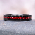 Crushed Red Garnet Wedding Band- 4MM Black Tungsten featuring a hammered black tungsten band with vibrant crushed red garnet inlay by Aquamarise, perfect for unique men’s or women’s wedding rings.