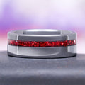 Crushed Red Garnet Wedding Band in Tungsten (8mm) by Aquamarise, featuring a polished silver tungsten band with a vibrant inlay of crushed red garnet stones, designed for men and part of January Birthstone Jewelry and Men's Wedding Bands collections.