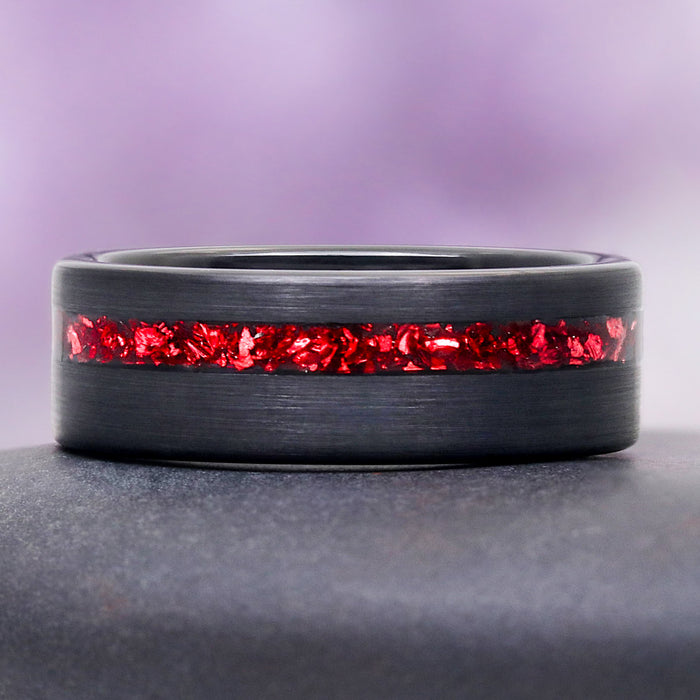 Crushed Ruby Mens Tungsten Ring (8mm) by Aquamarise, black tungsten band with an asymmetric crushed ruby inlay, half-brushed and half-polished finish, unique men's inlay wedding band.