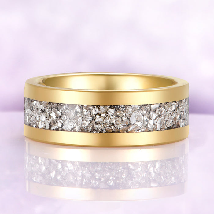 Crushed simulated diamond men's wedding band in gold tungsten, 8mm flat profile with a full inlay channel