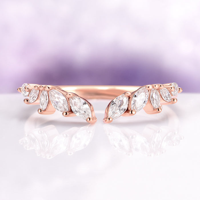 Curved Marquise Wedding Band in Solid 14K Rose Gold by Aquamarise Gold, featuring alternating marquise and round sparkling stones set in a delicate architectural band, part of Women’s Wedding Bands and Rose Gold Rings collections.