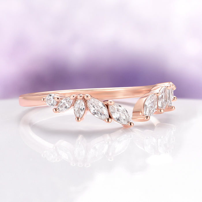 Curved Marquise Wedding Band in Solid 14K Rose Gold by Aquamarise Gold, featuring alternating marquise and round stones set in a delicate, architectural rose gold band, part of Women’s Wedding Bands and Solid Gold Engagement Rings collections.