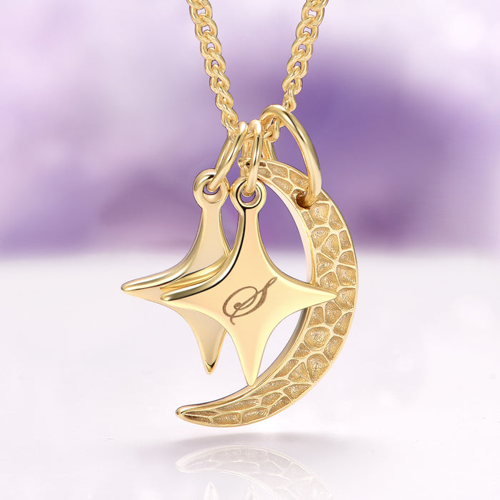 Custom Initial Necklace with Moon and Stars in 14K Yellow Gold Vermeil by Aquamarise featuring a textured crescent moon and two star-shaped pendants engraved with initials, part of the Meaningful Jewelry Gifts and Symbolic Jewelry collections.