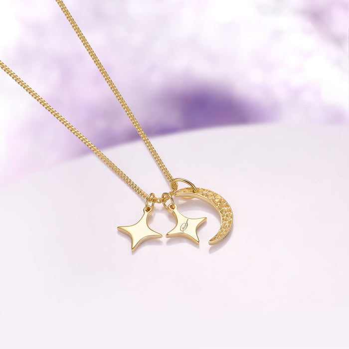 Custom Initial Necklace with Moon and Stars in 14K Yellow Gold Vermeil by Aquamarise featuring a textured crescent moon and two star-shaped pendants engraved with personalized initials, part of the Meaningful Jewelry Gifts collection.