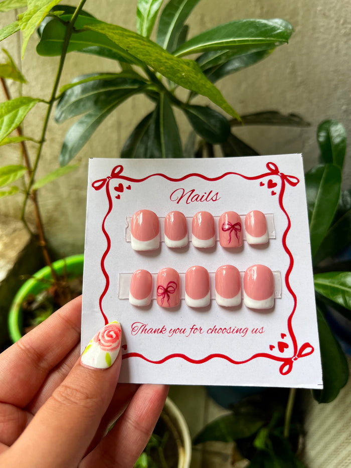 Cute Bow French Tip Press-On Nails – Handmade Reusable Set