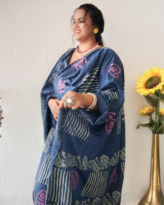 Dark blue striped katan silk unstitched suit set with pink heart-shaped floral hand block print and a fringed dupatta edge