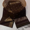 Dark brown Maheshwari silk saree with small gold buti and a prominent wide gold geometric border, handwoven in Maheshwar