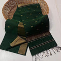 Handloom Maheshwari silk saree in dark green, flower buti scattered across the body, with a wide golden zari border