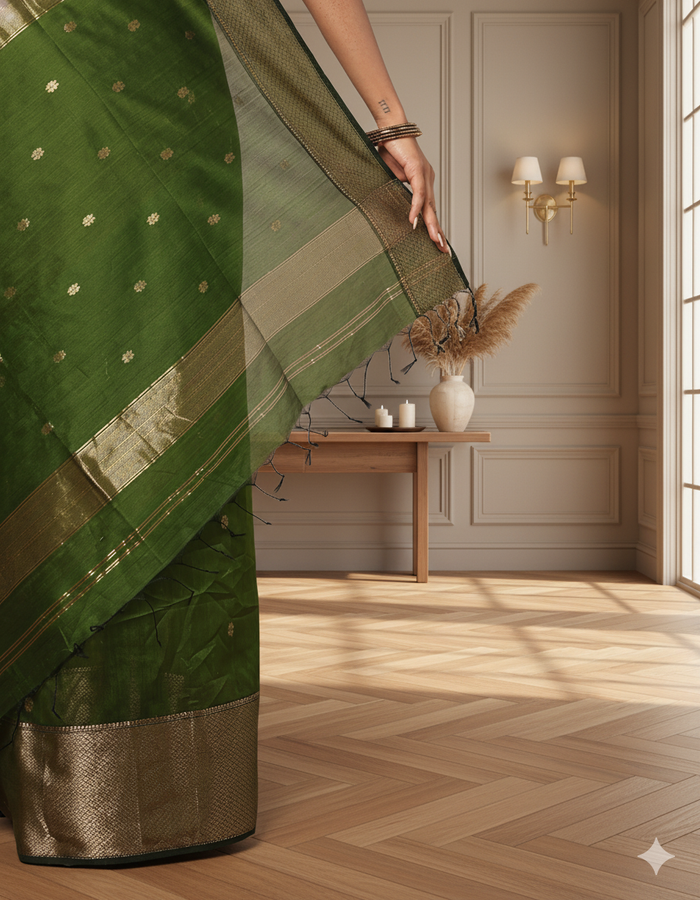 Handloom Maheshwari silk saree in dark olive green, flower buti scattered across the body, with a wide golden zari border