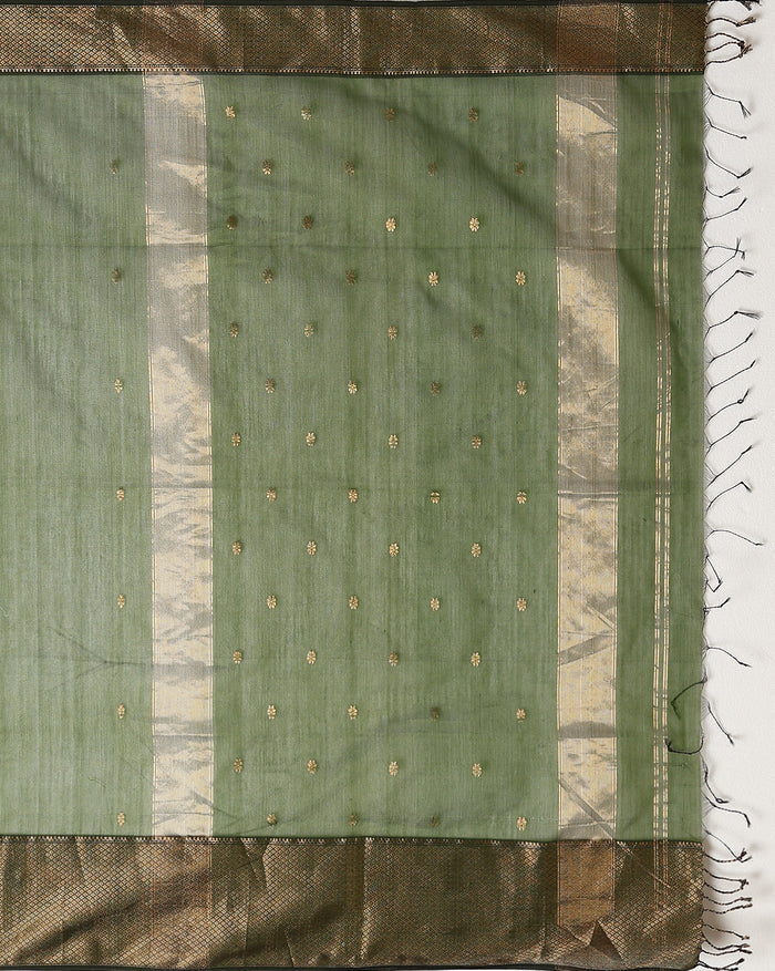 Handloom Maheshwari silk saree in dark olive green, flower buti scattered across the body, with a wide golden zari border