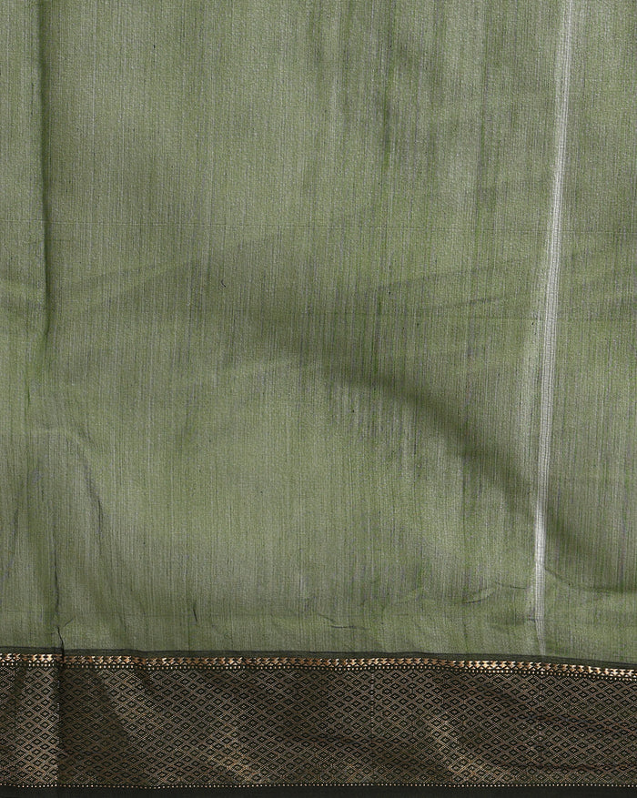 Handloom Maheshwari silk saree in dark olive green, flower buti scattered across the body, with a wide golden zari border