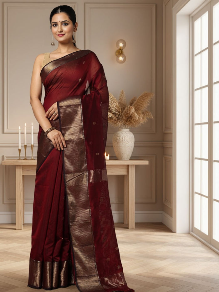 Dark red Maheshwari silk saree with a butta body of small buti and wide antique gold and brown borders, handwoven in Maheshwar