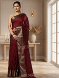 Dark red Maheshwari silk saree with a butta body of small buti and wide antique gold and brown borders, handwoven in Maheshwar