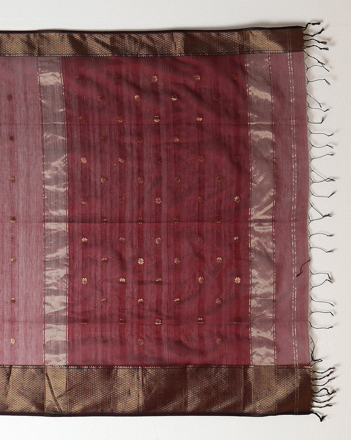 Dark red Maheshwari silk saree with a butta body of small buti and wide antique gold and brown borders, handwoven in Maheshwar