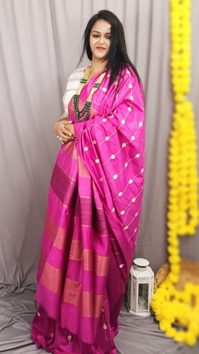 Eri Silk Embroidered Pink Saree with Blouse-Indiehaat