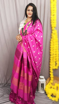 Eri Silk Embroidered Pink Saree with Blouse-Indiehaat
