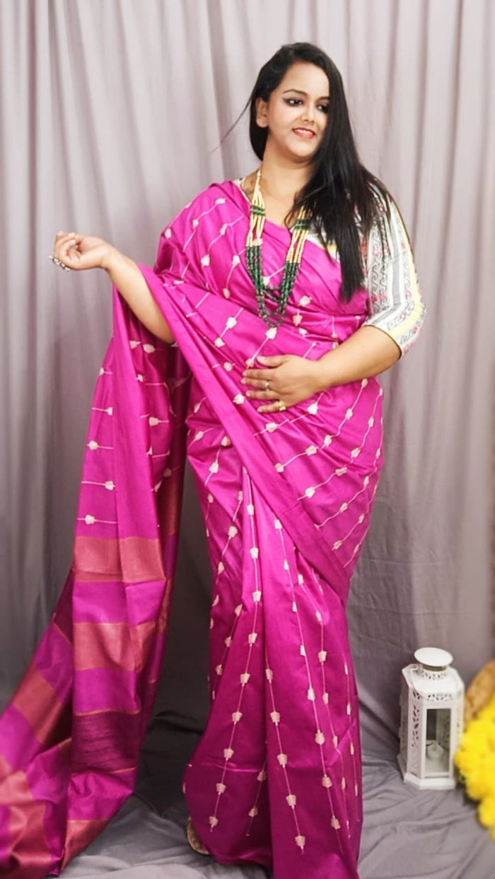 Eri Silk Embroidered Pink Saree with Blouse-Indiehaat