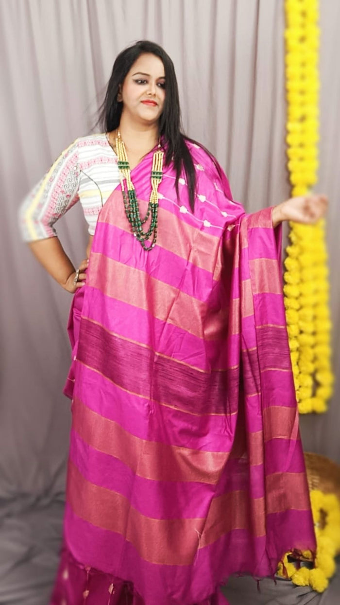 Eri Silk Embroidered Pink Saree with Blouse-Indiehaat