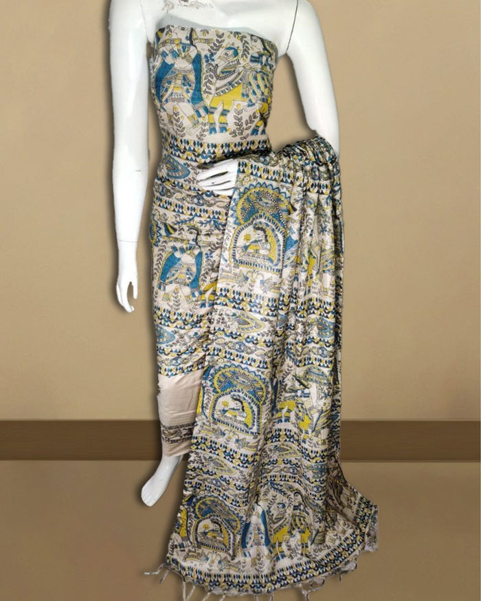 Dazzling Katan Silk Madhubani Beige Suit (T+B+D)