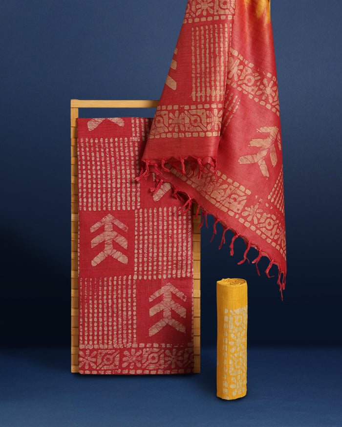 Dazzling Khadi Cotton Wax Batik Hand Dyed Red Suit (T+B+D)