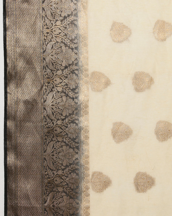 Silk Linen Weaving Design Jacquard Handloom Saree Cream Color with Running Blouse-Indiehaat
