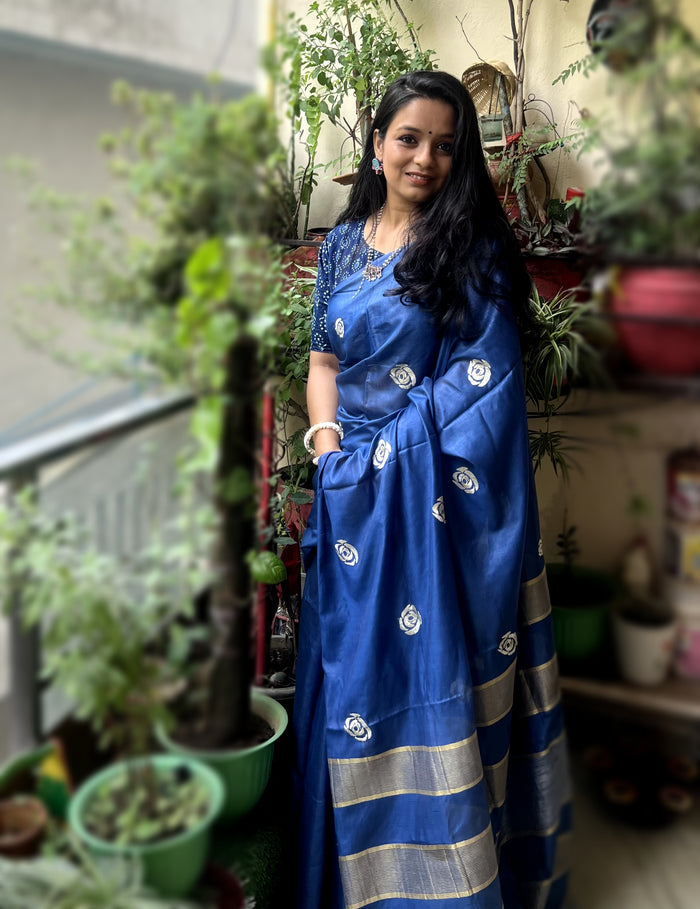 Eri Silk Embroidered Blue Saree with Blouse-Indiehaat