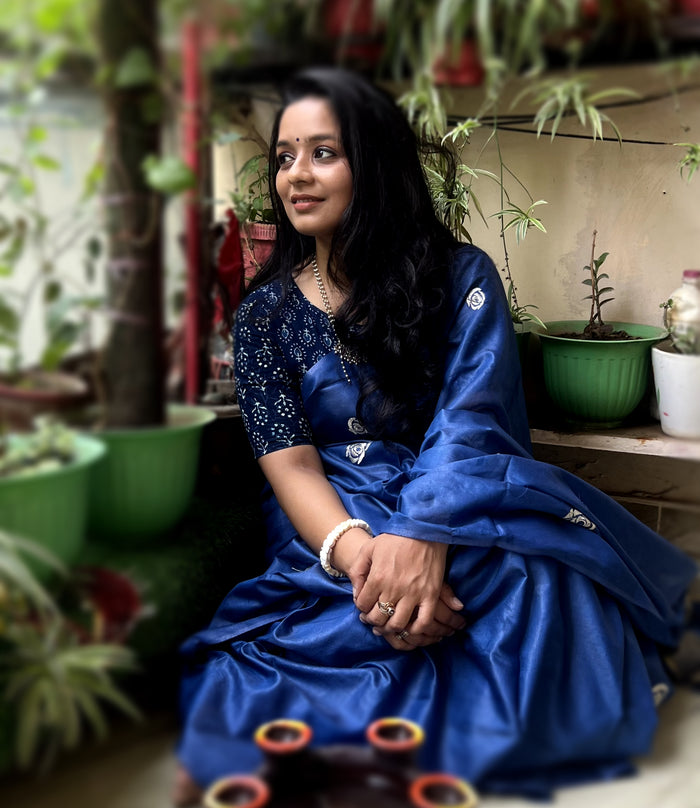 Eri Silk Embroidered Blue Saree with Blouse-Indiehaat
