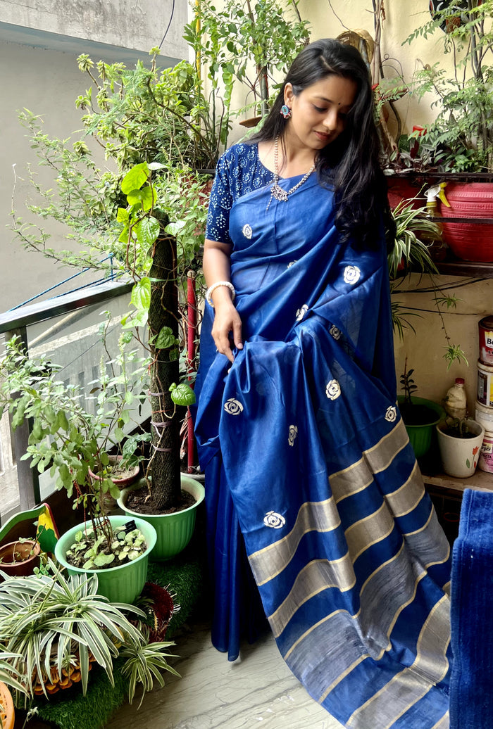 Eri Silk Embroidered Blue Saree with Blouse-Indiehaat