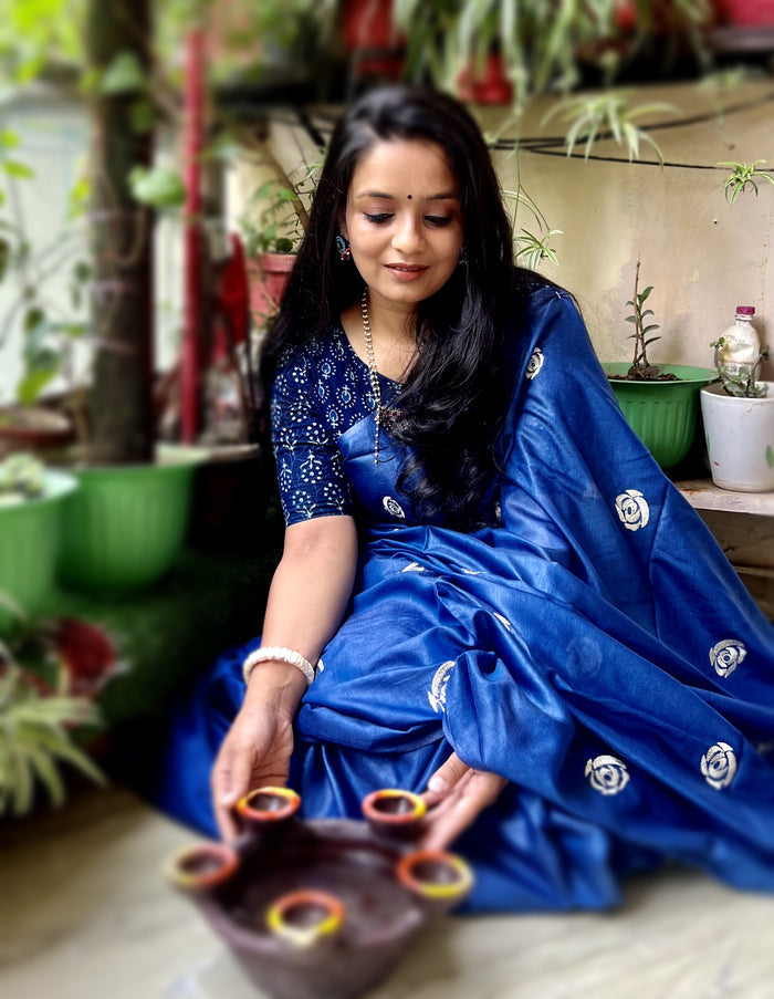 Eri Silk Embroidered Blue Saree with Blouse-Indiehaat