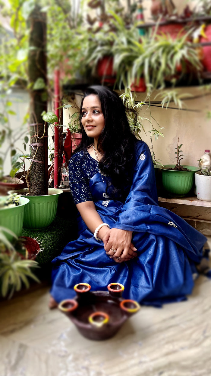 Eri Silk Embroidered Blue Saree with Blouse-Indiehaat
